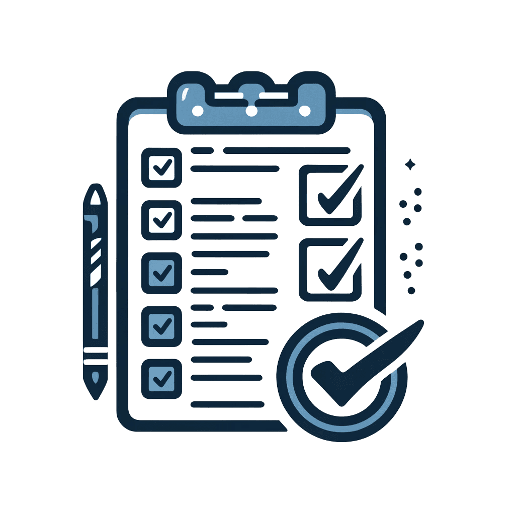 Illustration of a clipboard with a checklist and a pen beside it. The checklist shows multiple items, some checked off, indicating completion. There is a large checkmark encircling the bottom right.