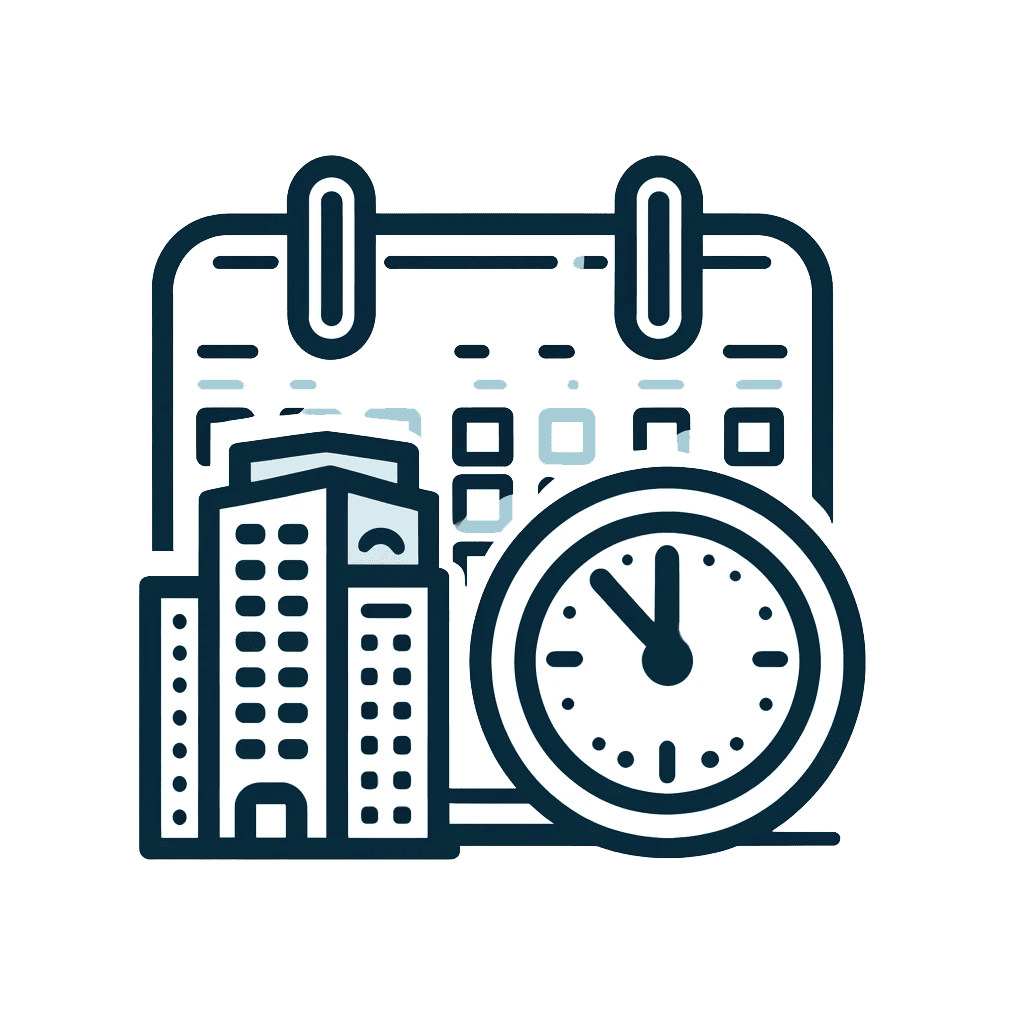 Icon of a calendar with a building in front and a clock overlapping the bottom right, symbolizing scheduling or planning in a business or corporate context.