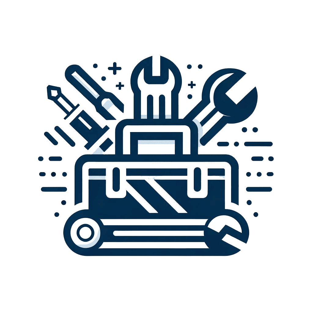 Illustration of a toolbox with various tools including a screwdriver, wrench, and spanner, arranged neatly around it. The design features a clean, blue and white color scheme.