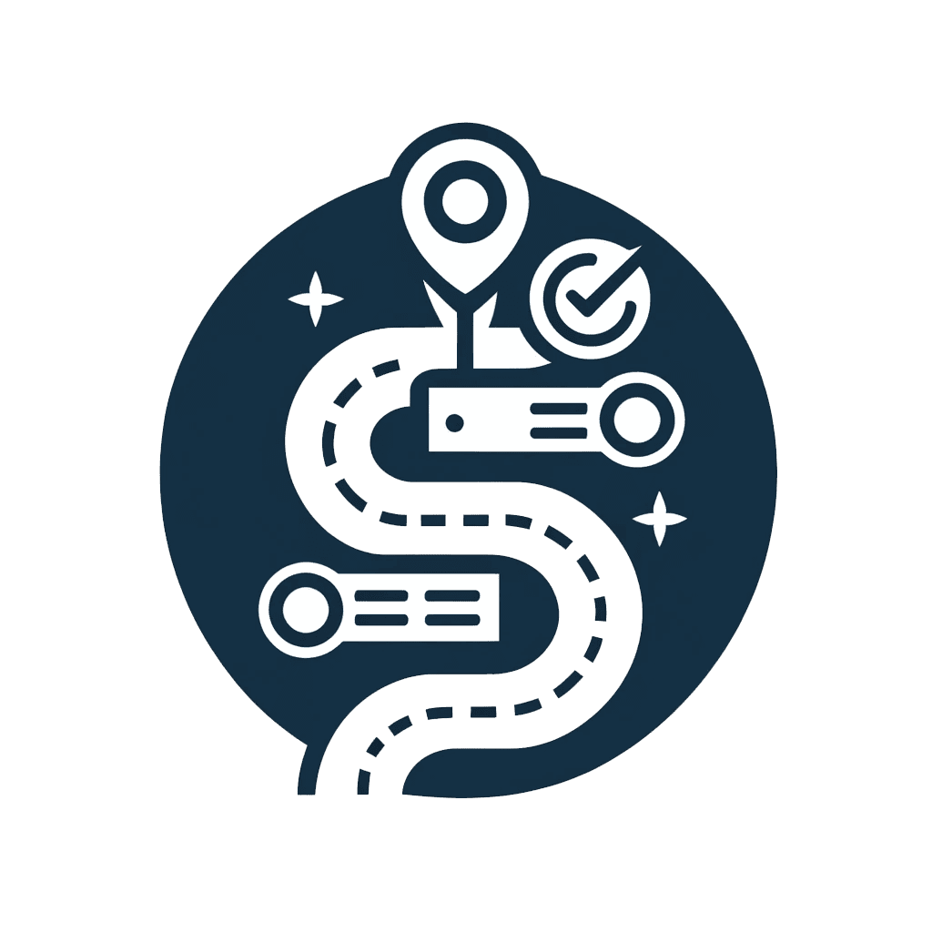 Icon of a winding road with location and checkmark symbols, depicting a journey or route achievement. Surrounding the road are stars, suggesting guidance or milestone completion.