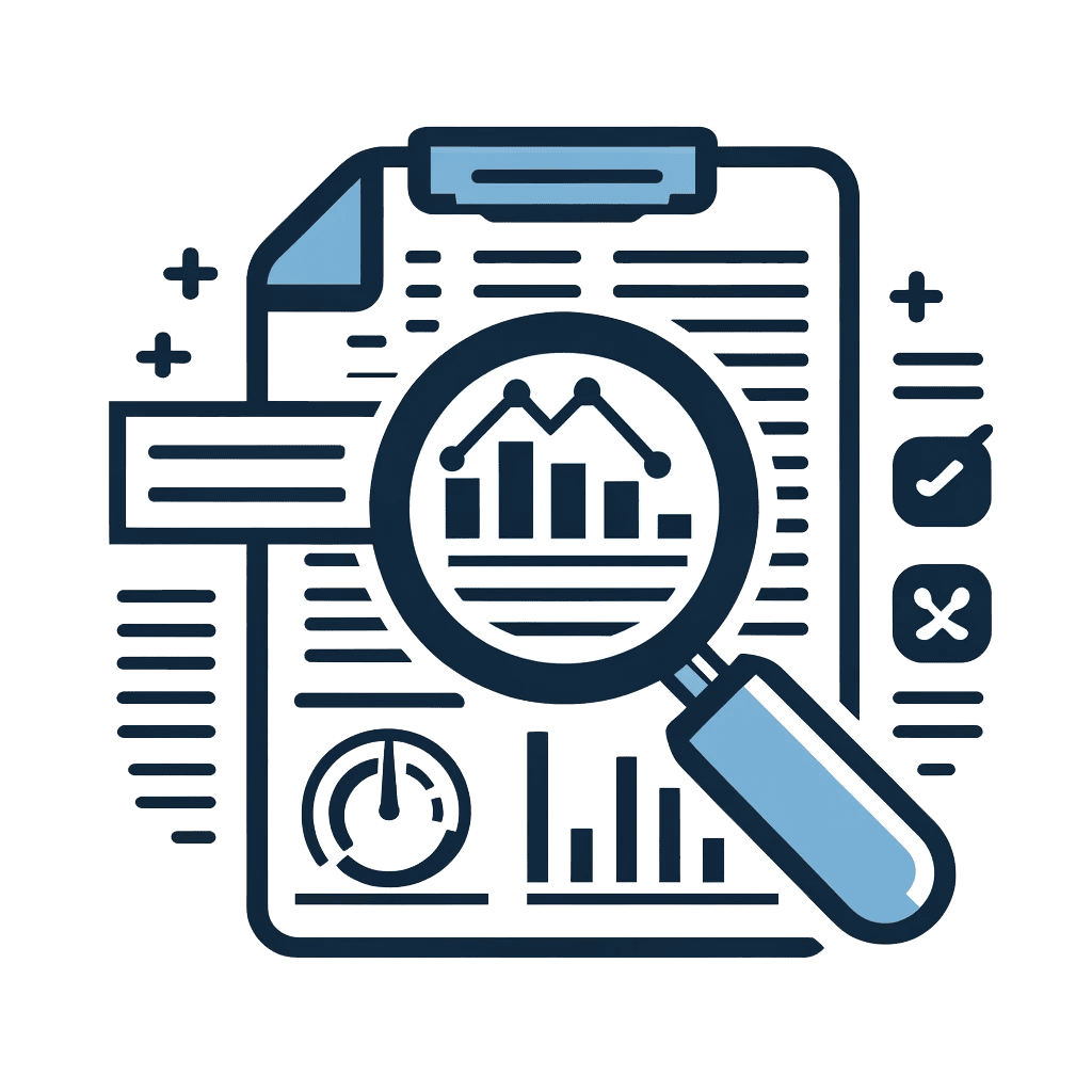An illustration of a clipboard with charts and graphs. A magnifying glass is focusing on a bar graph. Additional icons include a gauge and checkmarks.