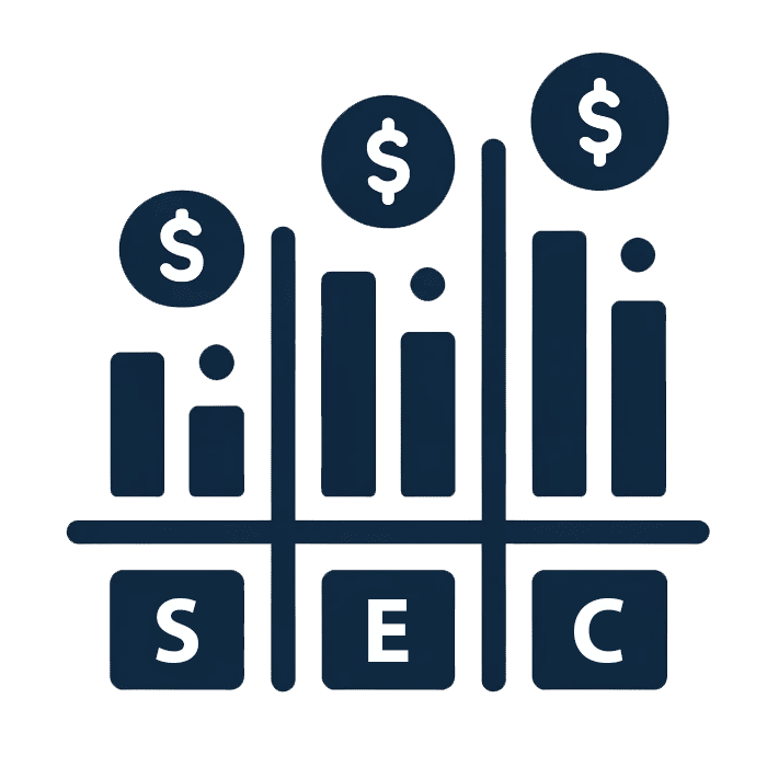 Icon representing financial data with bar graphs and dollar signs above the columns, labeled with the letters "S," "E," and "C.