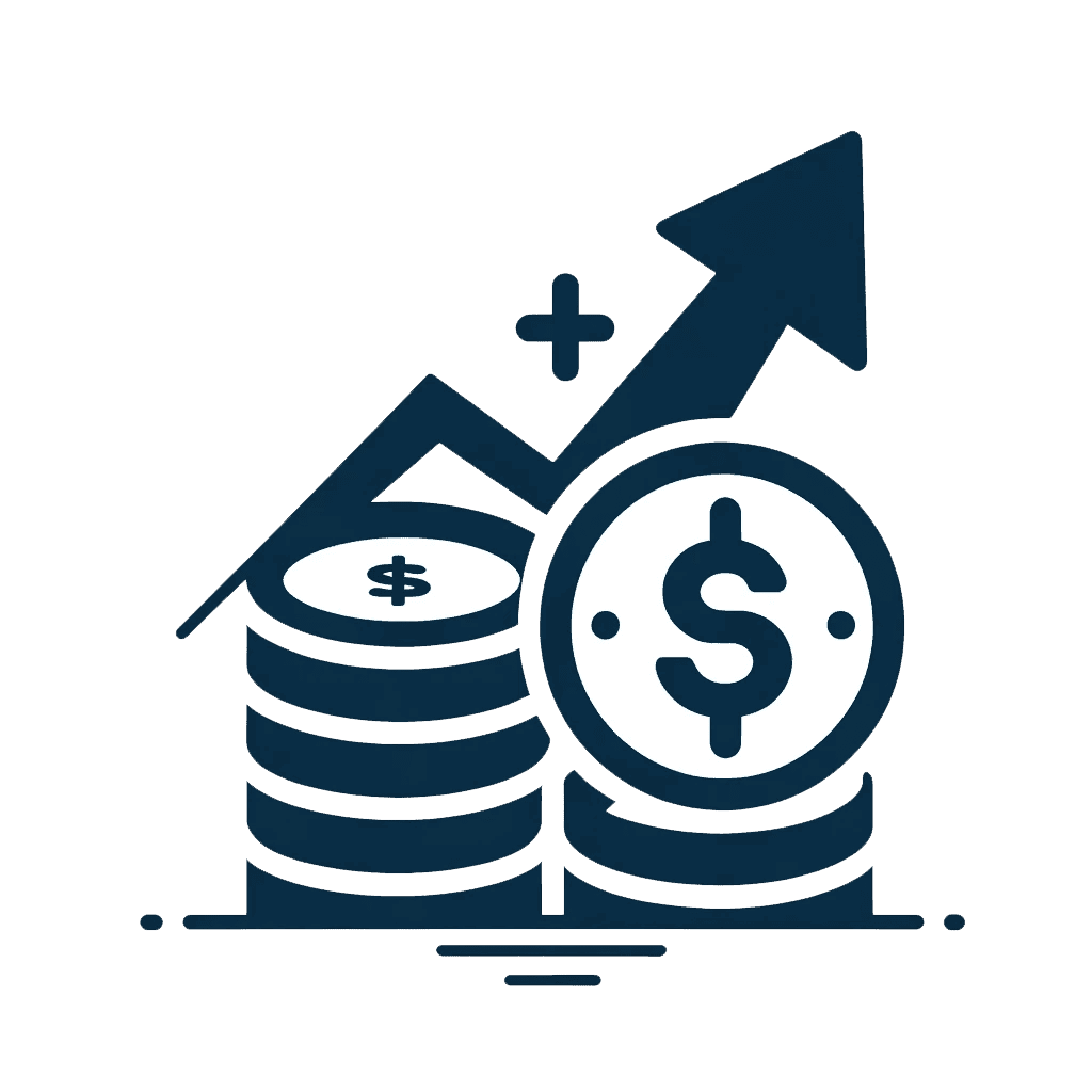 Icon of stacked coins with dollar signs, accompanied by an upward trend arrow signifying financial growth or increasing profits.