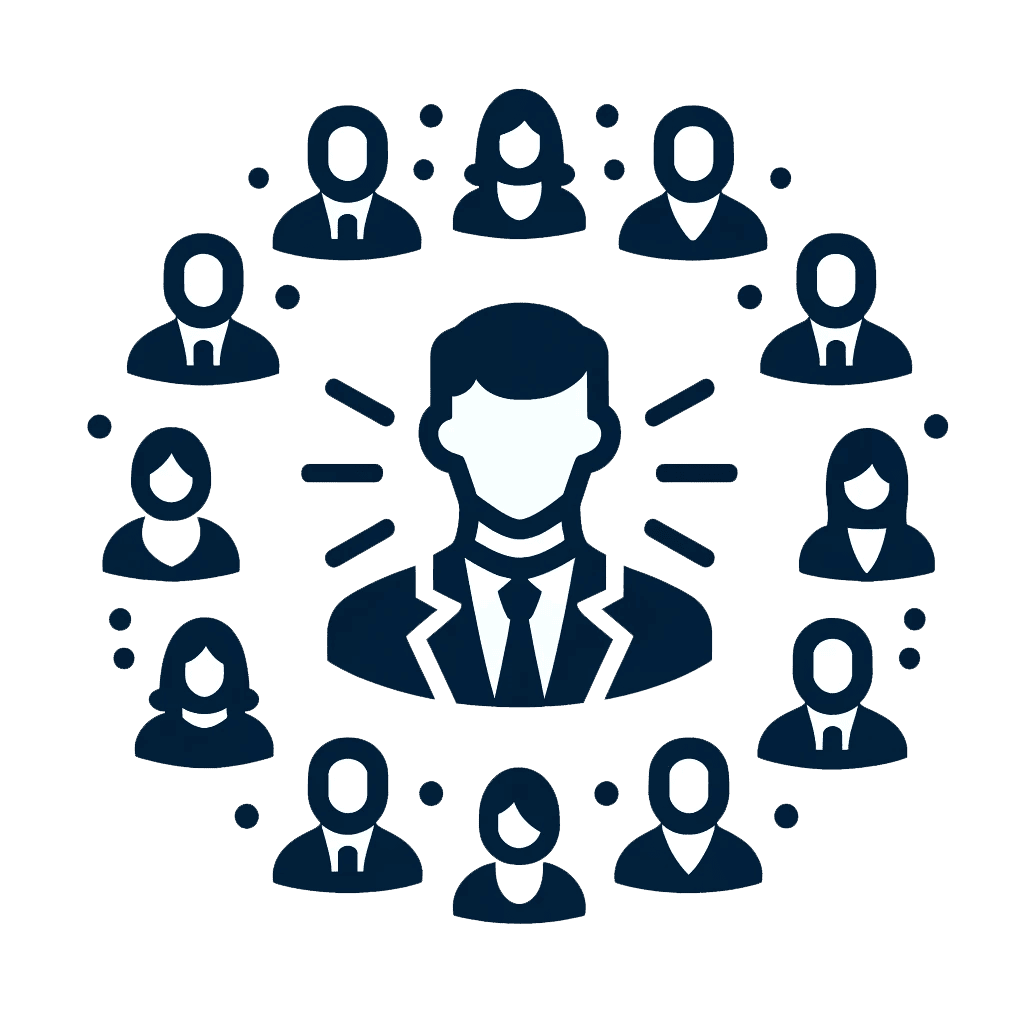 A central figure in a suit and tie is surrounded by multiple smaller figures, representing a network or team of individuals, in a simplistic, dark-colored icon style.