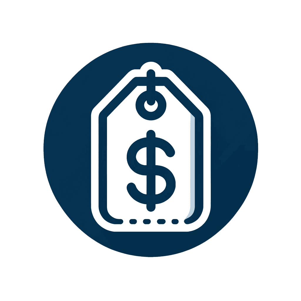 Icon of a price tag with a dollar sign in the center, set against a blue circular background.