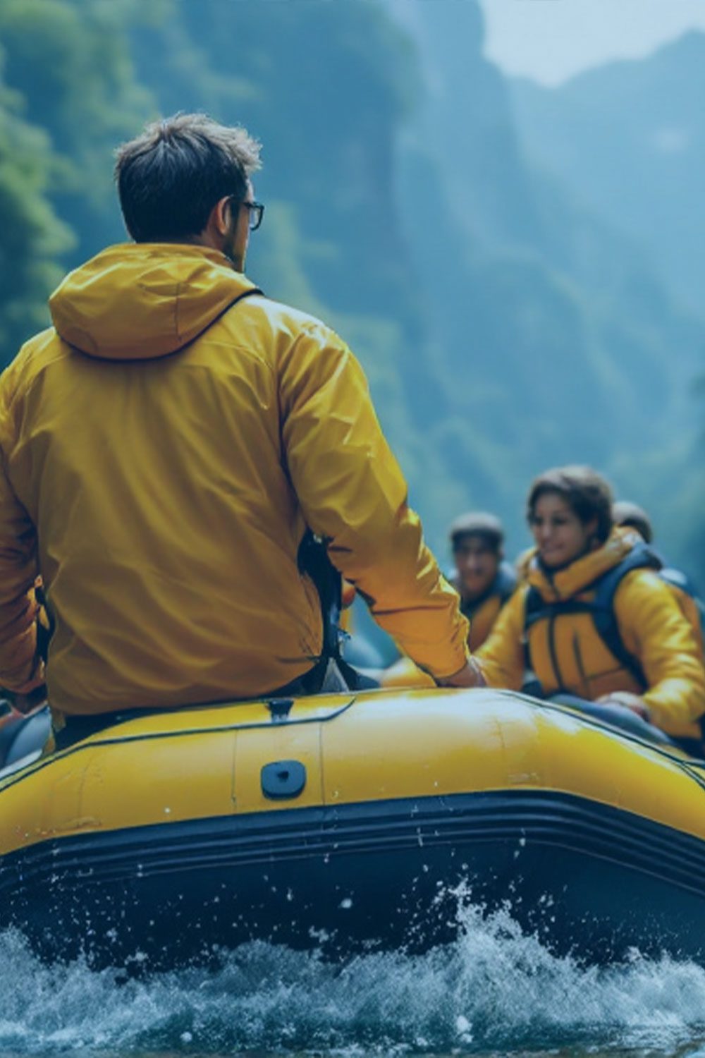 A group of people in yellow jackets are embarking on an adventurous CX journey, rafting through a river flanked by towering green cliffs.