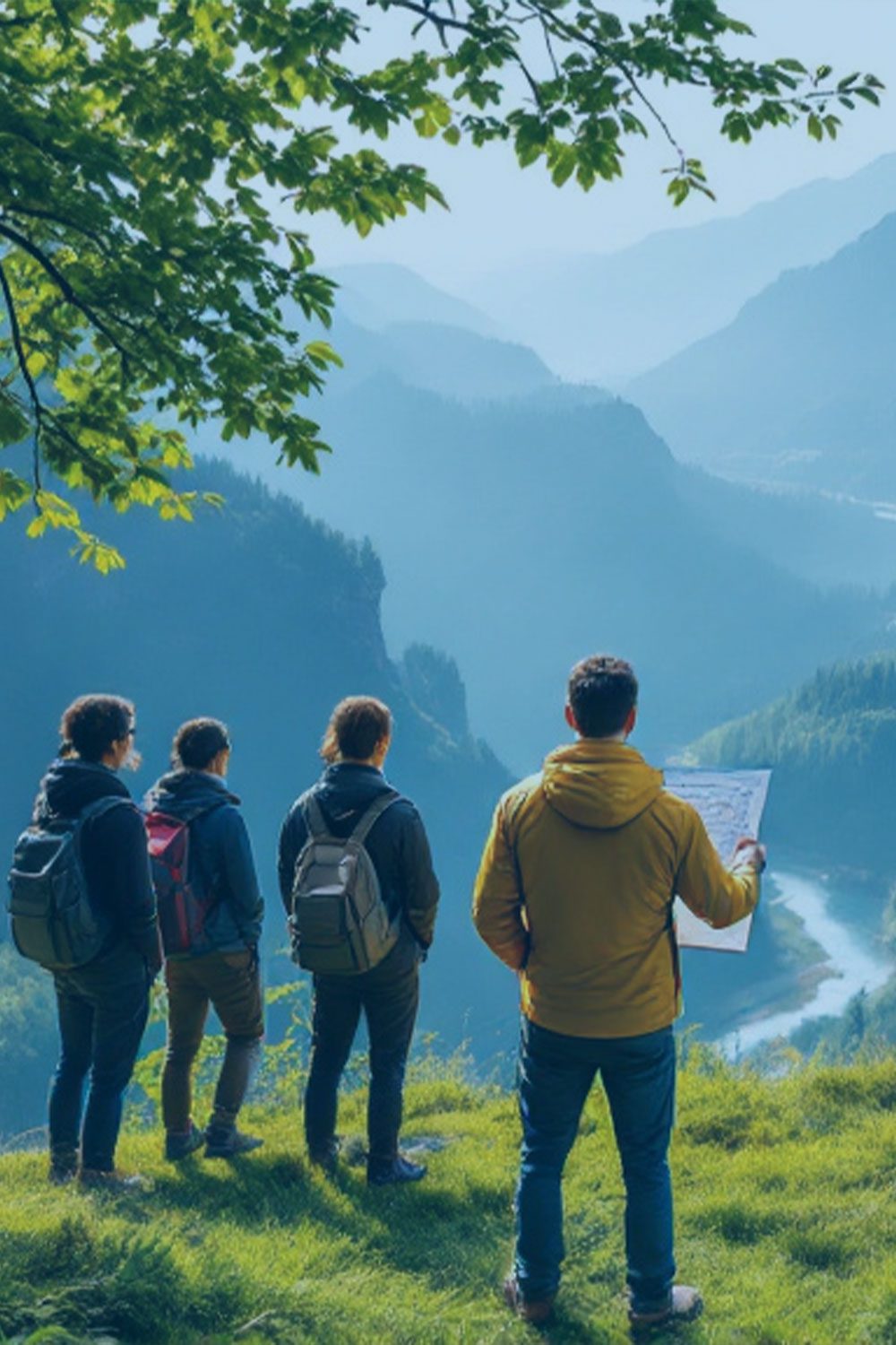 Four people with backpacks stand on a grassy hill, embracing their CX orientation as they overlook a river winding through the mountainous landscape. One person holds a map.