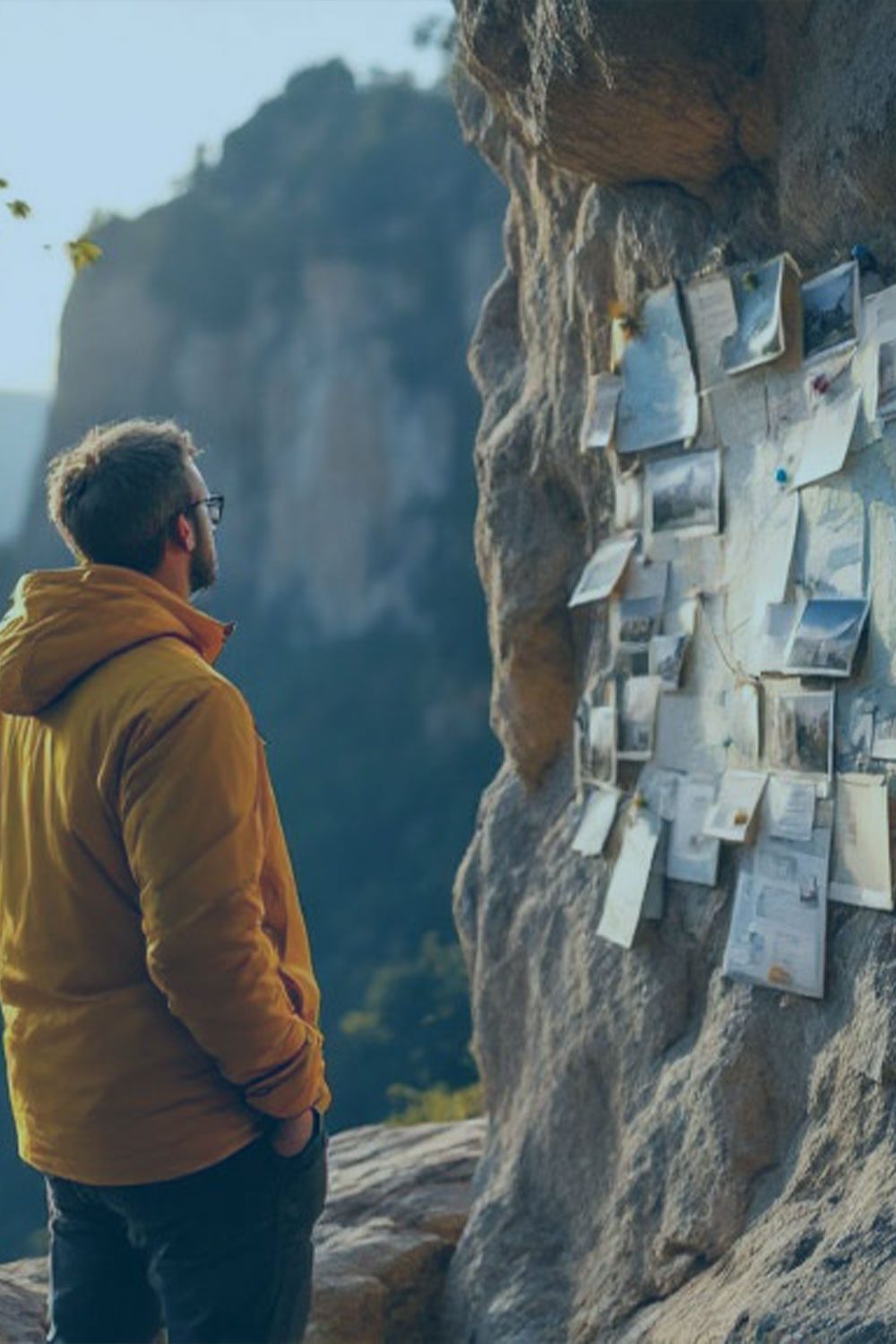 Dressed in a yellow jacket, the observer reviews photographs and notes pinned to a rocky wall outdoors, set against a backdrop of majestic mountains—a scene straight from their CX Travel Diary.