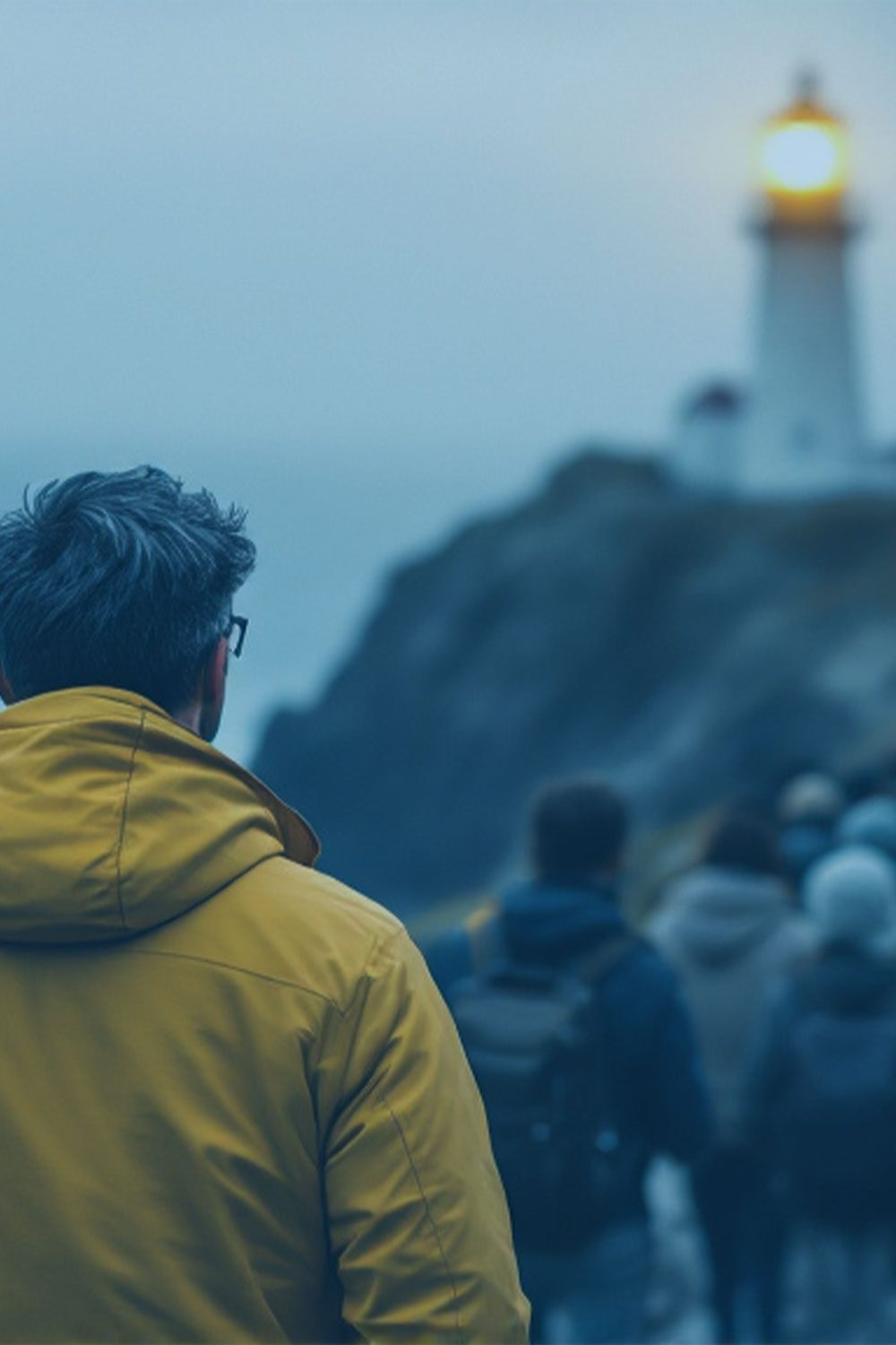 A group of people, embodying the spirit of CX Vision, make their way toward a lit lighthouse. One stands out in a yellow jacket as they navigate the rocky shore beneath the gray sky.