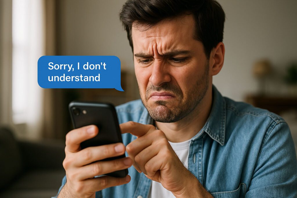 Man frowning at phone as his frustrating AI assistant displays a message bubble saying, "Sorry, I don't understand.