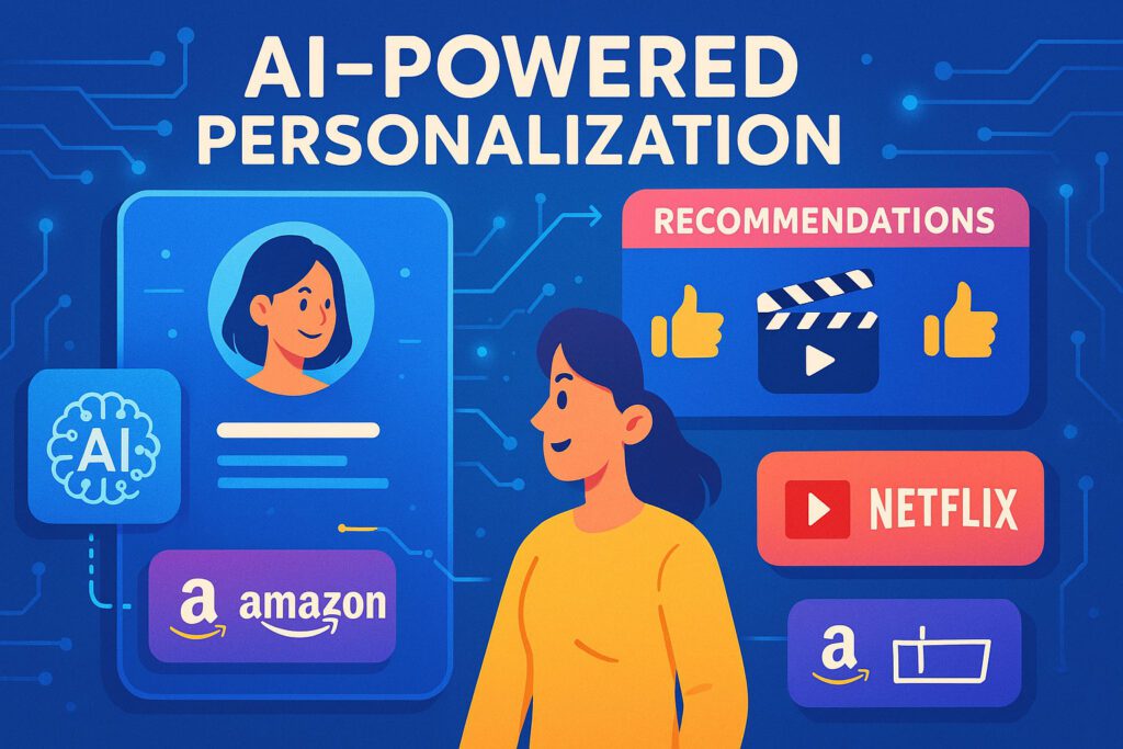 Illustration depicting a person looking at various AI-powered personalization elements, including recommendations, Amazon, Netflix, and a neural network icon, on a digital interface.