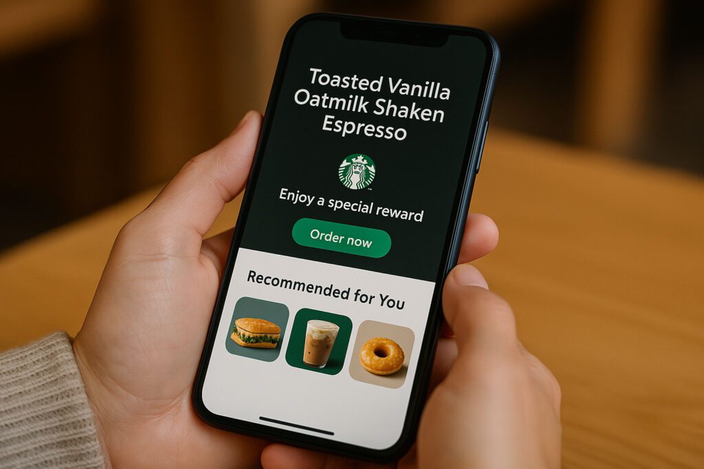 A person holds a smartphone displaying a Starbucks app screen featuring a Toasted Vanilla Oatmilk Shaken Espresso promotion and menu recommendations.