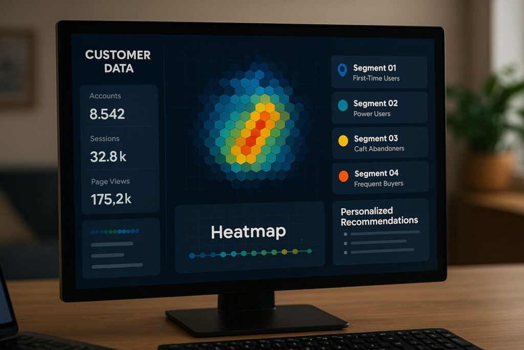 Computer monitor displaying customer data analytics, including account statistics, page views, user segments, a heatmap visualization, and personalized recommendation section.