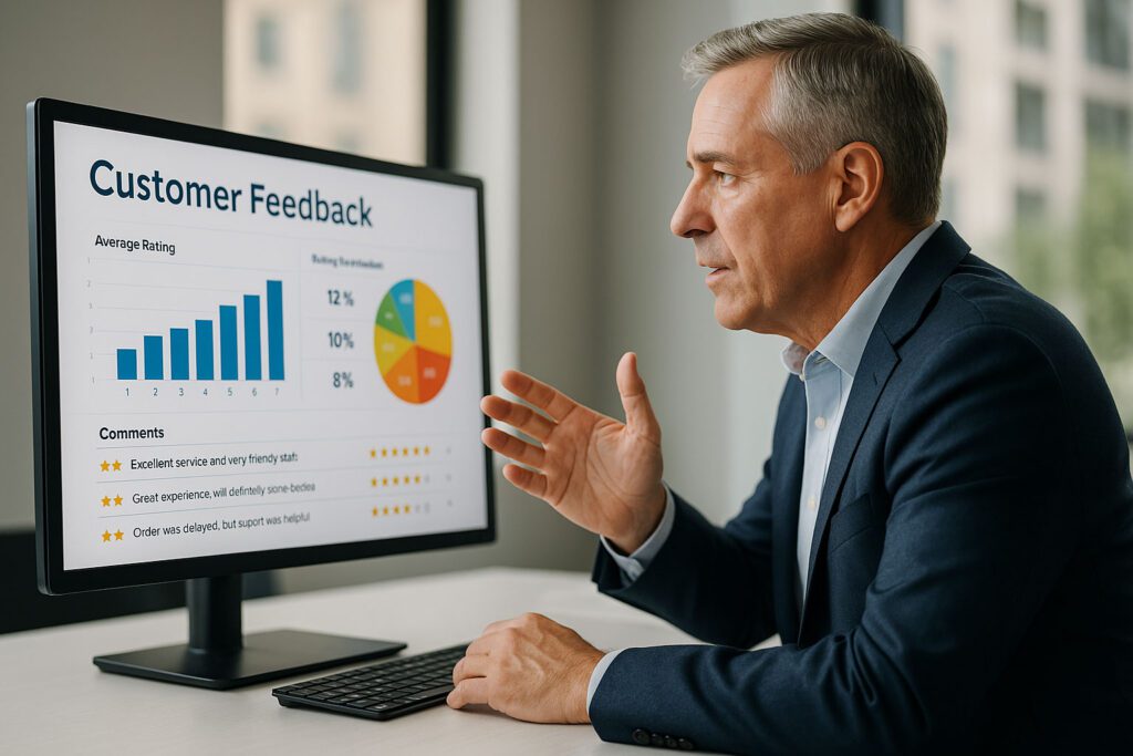 A man in a suit is intently discussing a computer screen filled with customer feedback, analyzing charts, graphs, and comments that reveal diverse ratings and insightful suggestions.