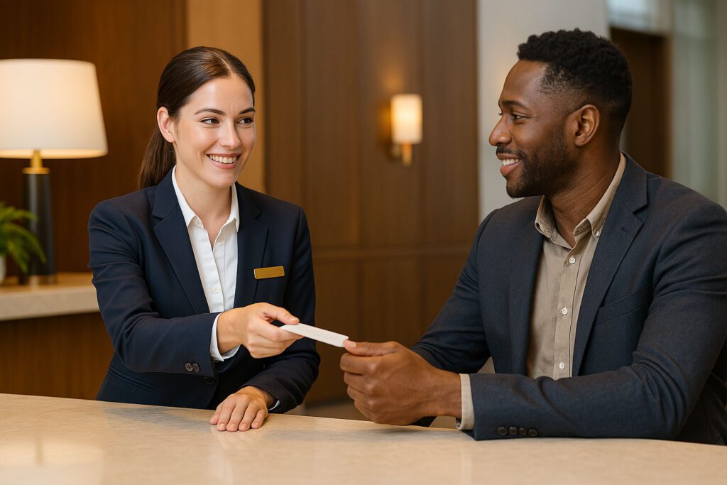 A woman in a suit hands a card to a man sitting at a desk, embodying customer-first decisions. Both are smiling.