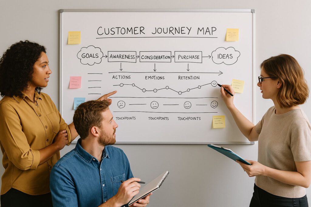 Three people discuss a customer journey map on a whiteboard. The map includes stages from goals to ideas, with emotions and retention noted. Two hold clipboards, one points at the board.