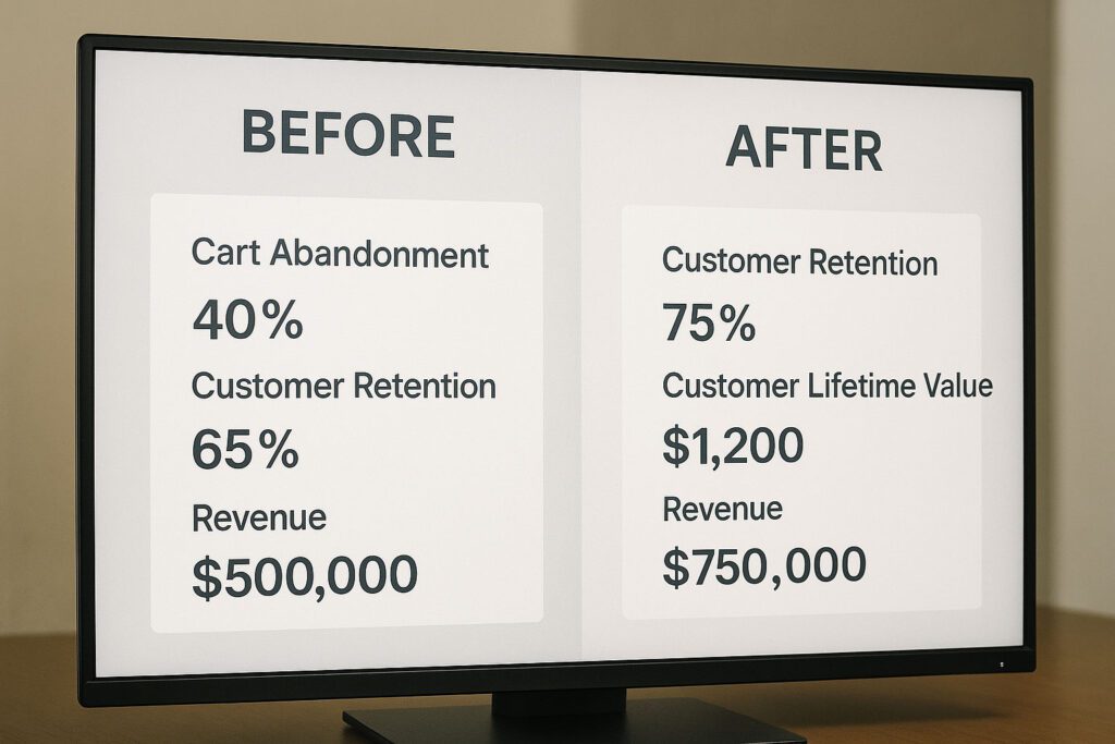 A monitor displays a comparison chart labeled "Before" and "After" showing improved customer retention, lifetime value, and revenue, and decreased cart abandonment in the "After" column.
