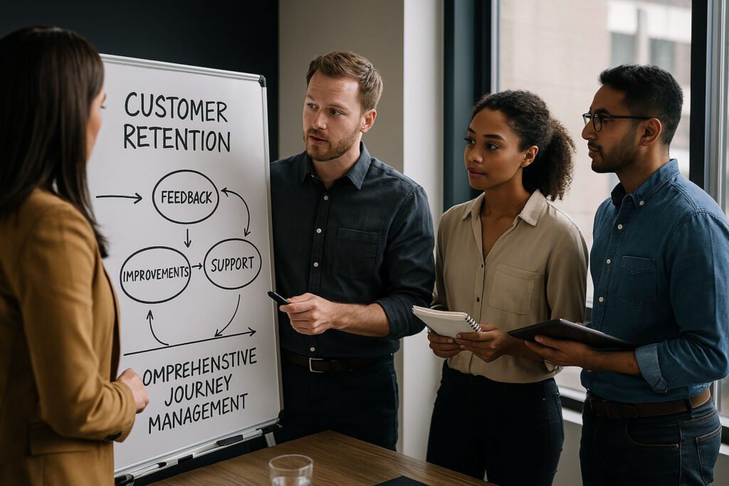 Four people discuss a customer retention presentation with a flowchart on a whiteboard, including feedback, improvements, support, and comprehensive journey management.