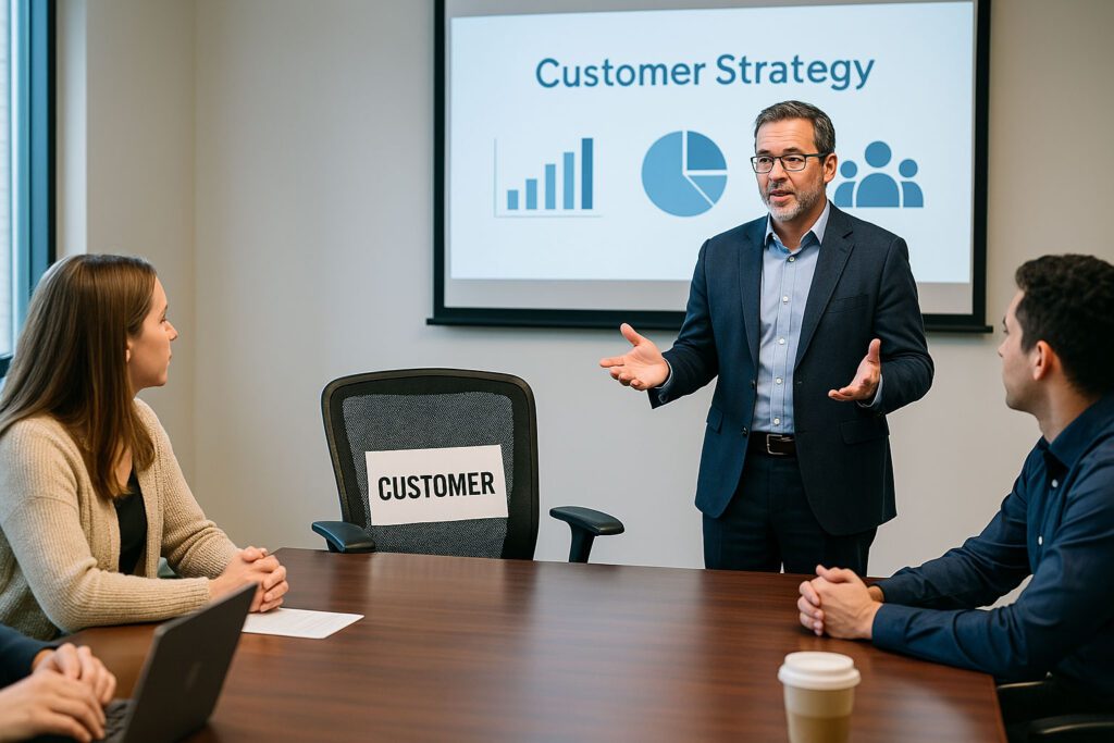 A man presents a "Customer Strategy" slide in a conference room to two seated colleagues. A chair labeled "Customer" is empty.