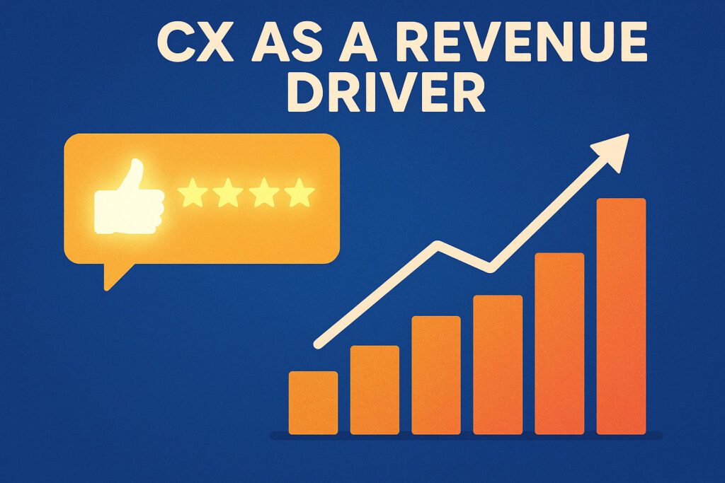 Bar graph with upward trend and a thumbs-up with stars icon under the title "CX as a Revenue Driver" on a blue background.