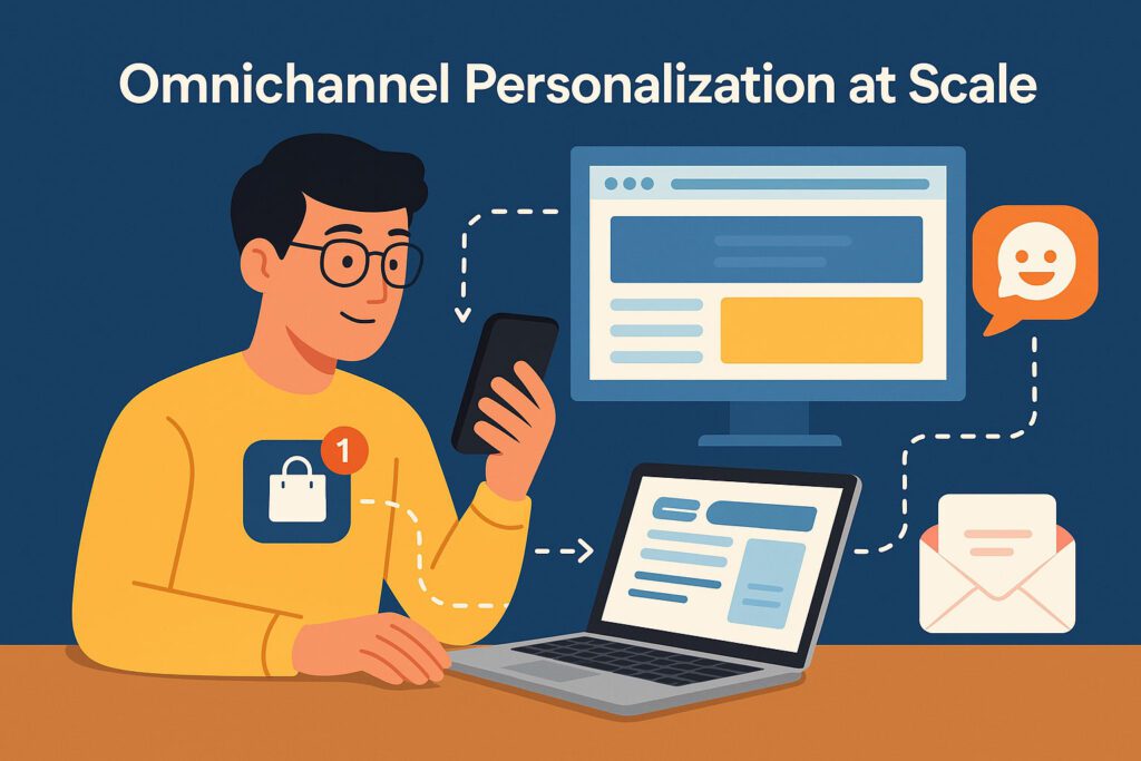 Illustration of a person using a smartphone and laptop, with icons for online shopping, email, and messaging, and the text "Omnichannel Personalization at Scale" above.