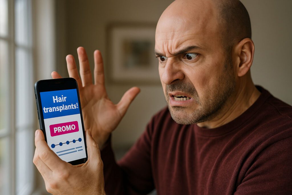 A bald man looks frustrated while holding a smartphone displaying a hair transplant promotion.