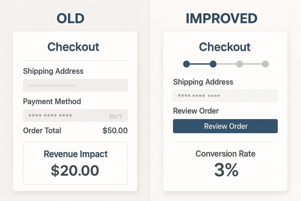 Side-by-side comparison of old and improved checkout screens, showing revenue impact of $20 for the old version and a 3% conversion rate for the improved version.