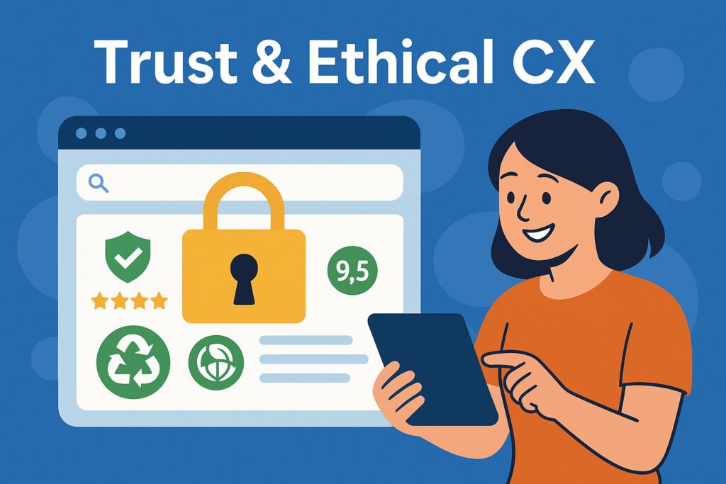 Illustration of a person using a tablet beside a screen displaying security icons, a lock symbol, stars, and a 9.5 rating, encapsulating "Trust & Ethical CX.