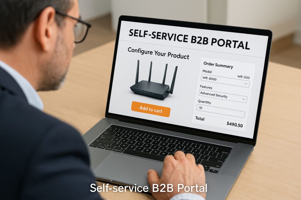 A man uses a laptop displaying a self-service B2B portal to configure and order a wireless router.
