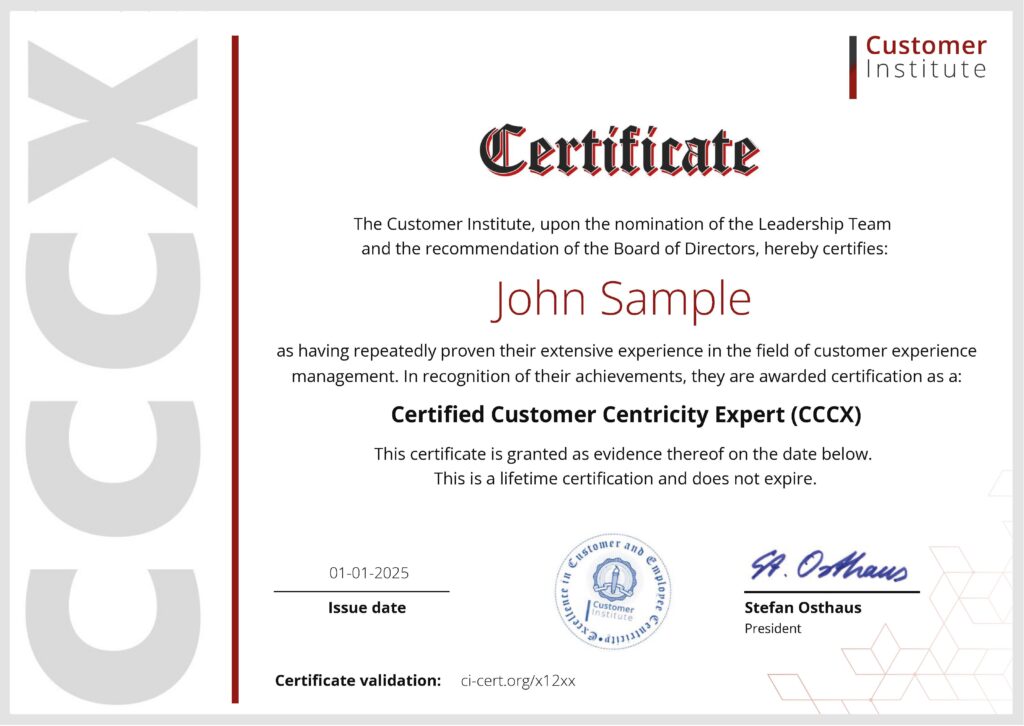 A certificate awarded to John Sample by the Customer Institute recognizing certification as a Certified Customer Centricity Expert, dated January 1, 2025.