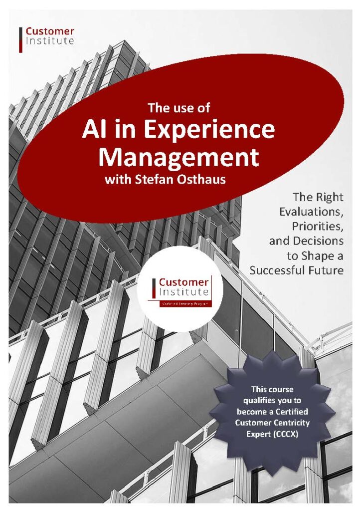 Book cover titled "The use of AI in Experience Management with Stefan Osthaus," featuring a modern building and promotional text about customer centricity certification.