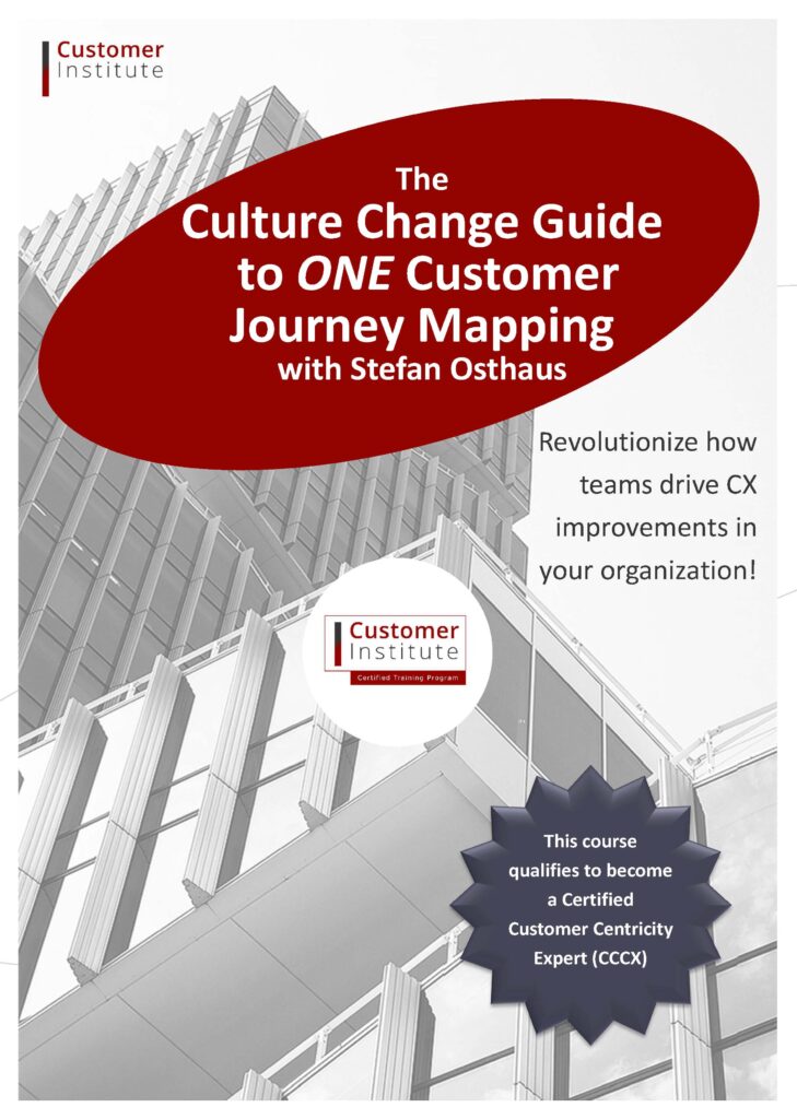 Book cover titled "The Culture Change Guide to ONE Customer Journey Mapping" by Stefan Osthaus, with a modern building background and a badge about a certification course.