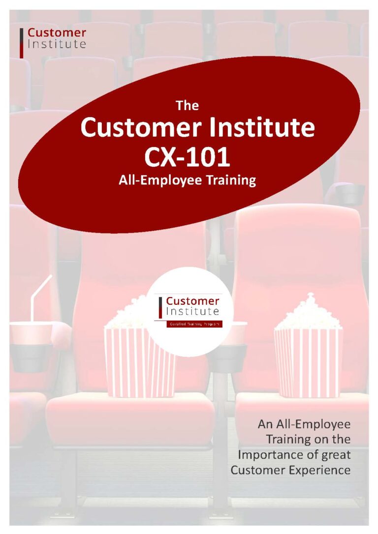 A training program cover featuring red theater seats with popcorn, titled "The Customer Institute CX-101 All-Employee Training" on the importance of great customer experience.