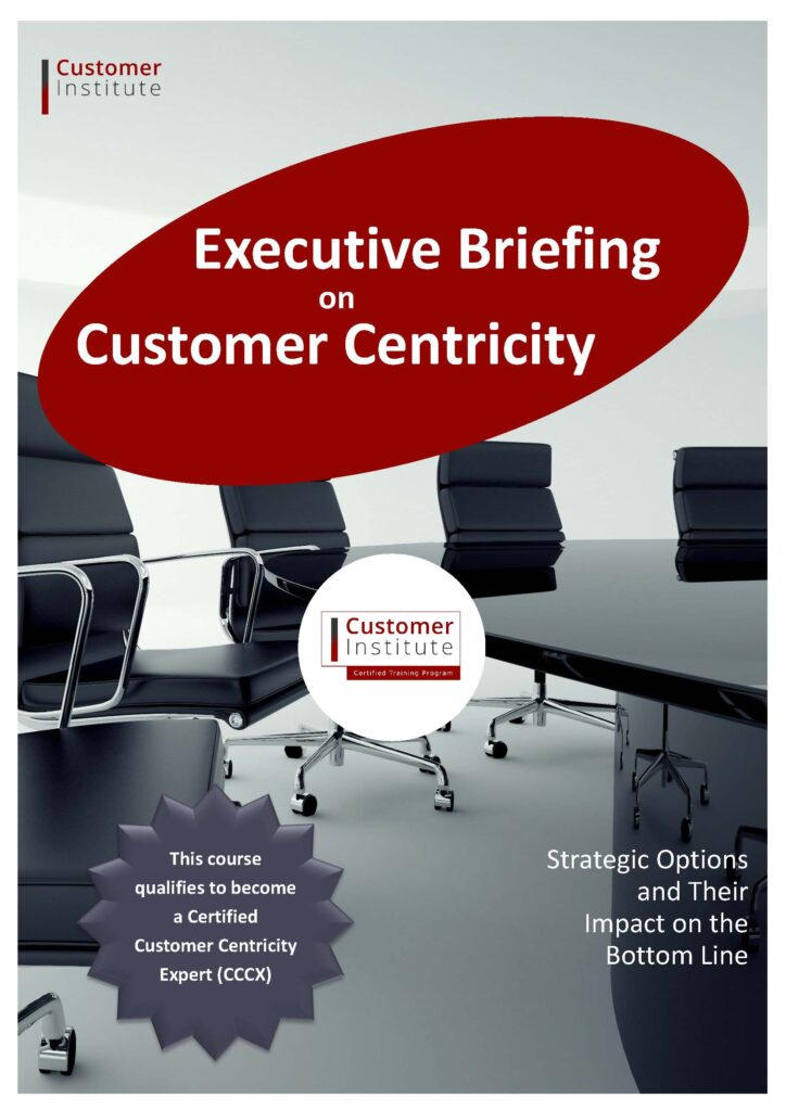 A modern conference room with empty black chairs around a table; text promotes an executive briefing on customer centricity by Customer Institute.