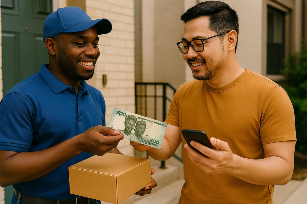 A man hands cash to a delivery worker holding a package while using his phone. Both are smiling outside a building, capturing how customer expectations differ by region in service interactions.