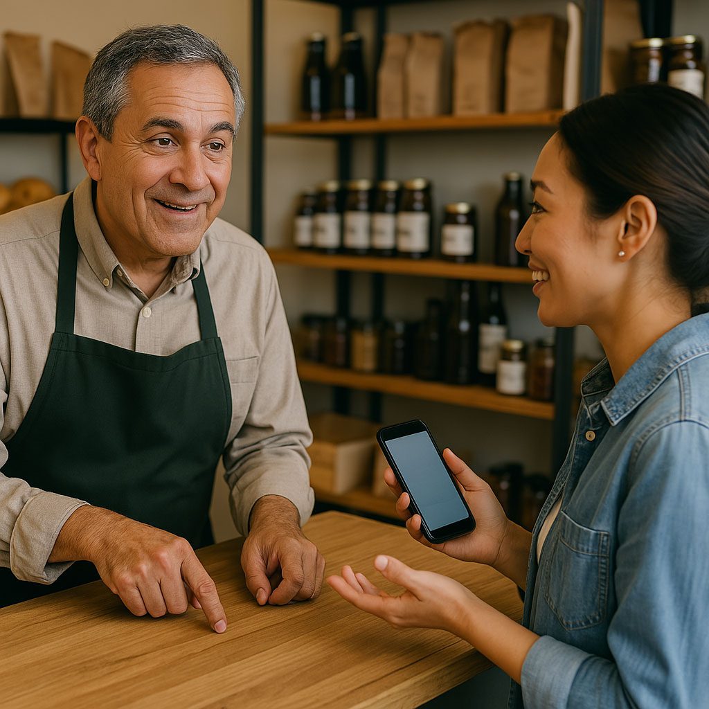 A shopkeeper in an apron chats with a smiling customer holding a smartphone at a wooden counter, showcasing the importance of CX in Emerging Markets amid shelves of jars and paper bags in the background.