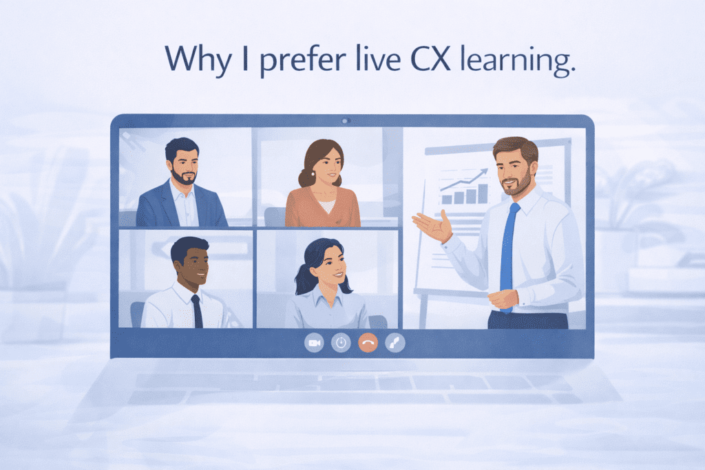 Illustration of a virtual meeting with five people on a screen and the text “Why I prefer live CX learning” above the display.