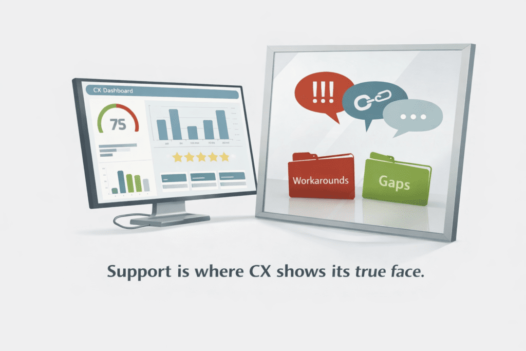 A computer displays a customer experience dashboard. A mirror reflects folders labeled 'Workarounds' and 'Gaps' with icons for issues. Text reads: "Support is where CX shows its true face.