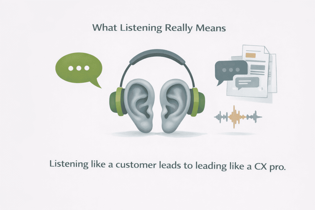 An illustration with headphones over two ears, speech bubbles, documents, and a sound wave, with the text: "What Listening Really Means" and a statement about customer listening and CX.