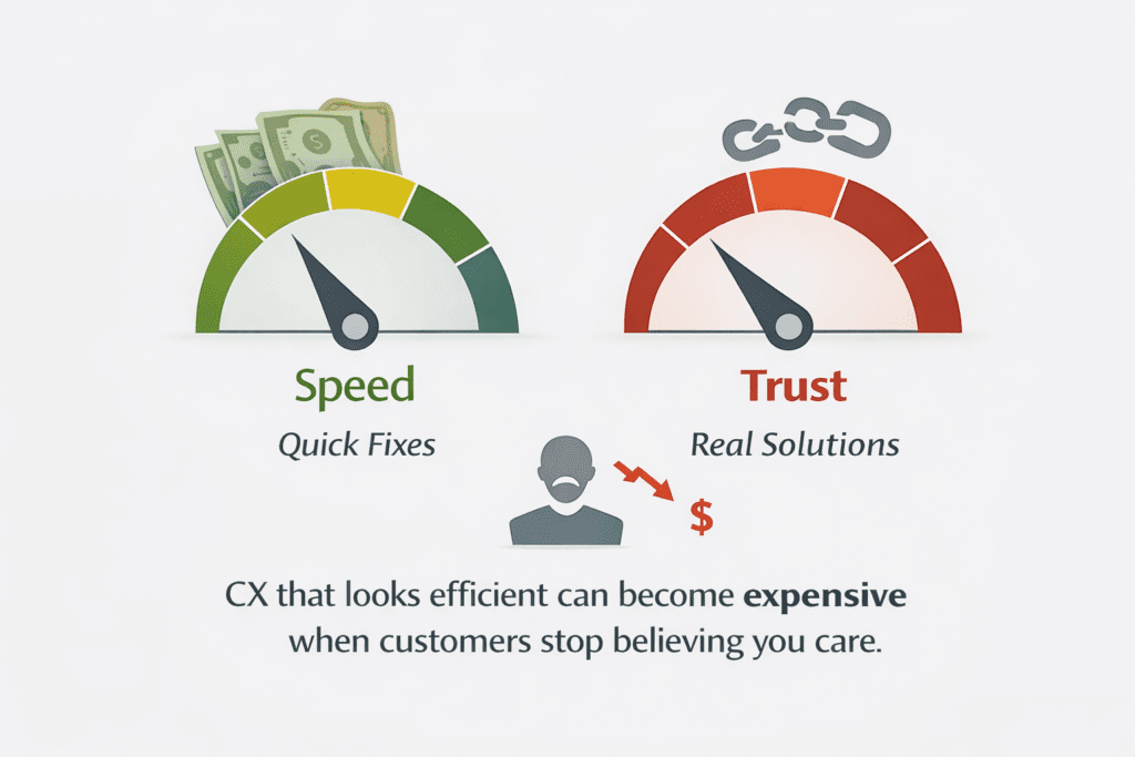 A gauge labeled "Speed" with cash shows quick fixes, while a gauge labeled "Trust" with broken chains shows real solutions; text warns that efficient CX can be costly if trust is lost.