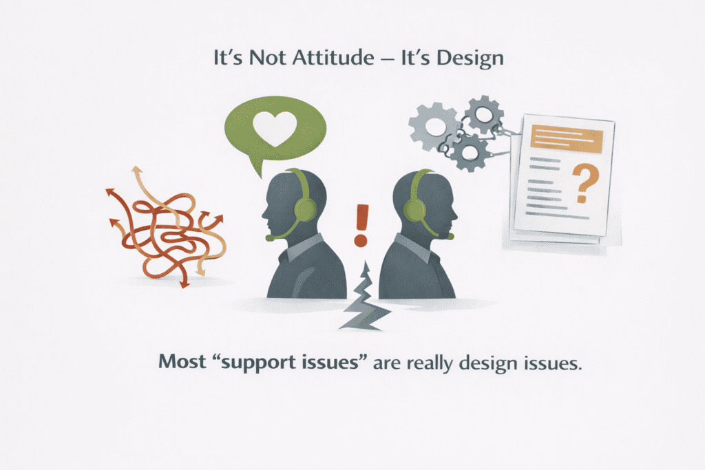 Two customer service agents with headsets, a tangled path, gears, question mark, and exclamation mark emphasize that most support issues stem from design, not attitude.