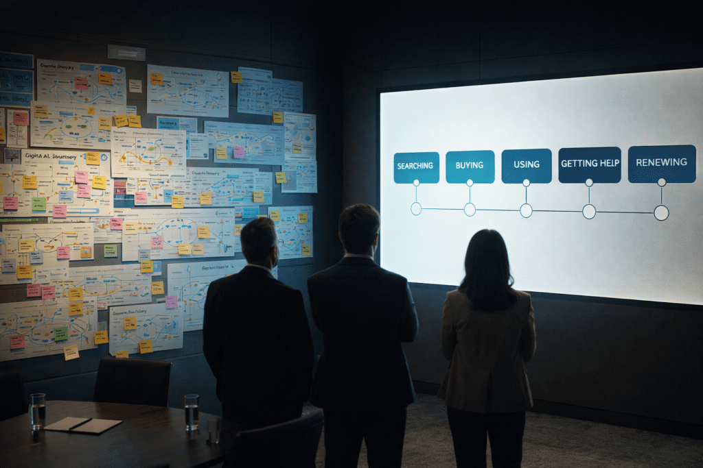 Three people stand in a dim conference room viewing a large screen displaying a five-step process flow; charts and sticky notes cover the wall.