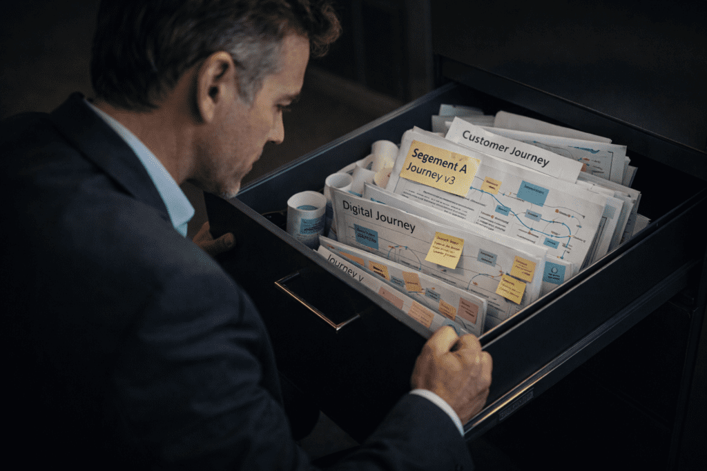 A man in a suit opens a drawer containing documents labeled "Customer Journey," "Digital Journey," and "Segment A Journey v3," with charts and sticky notes visible.