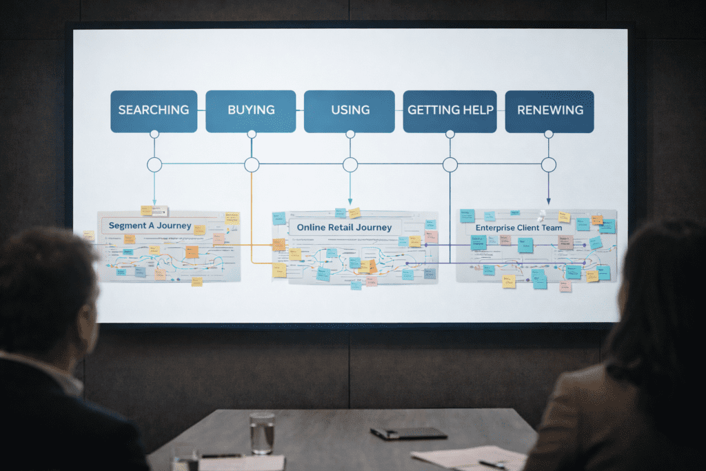 Two people view a presentation slide showing a flowchart outlining customer journey stages: Searching, Buying, Using, Getting Help, and Renewing, linked to detailed process maps.