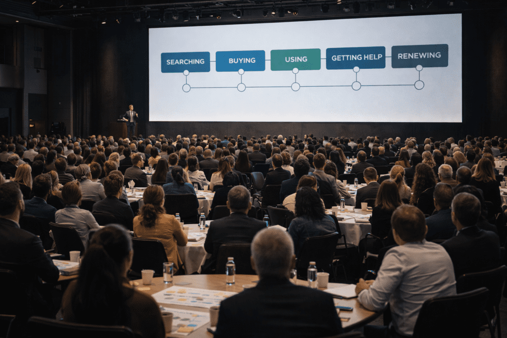 A large audience watches a presentation in a conference room; a speaker stands at a podium beside a screen displaying a five-step process diagram with labeled stages.