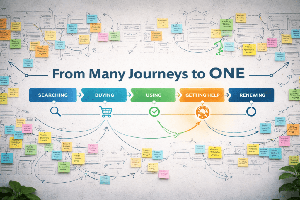 A wall with colorful sticky notes and flowcharts, featuring a central diagram showing five stages: Searching, Buying, Using, Getting Help, and Renewing, under the heading "From Many Journeys to ONE.
