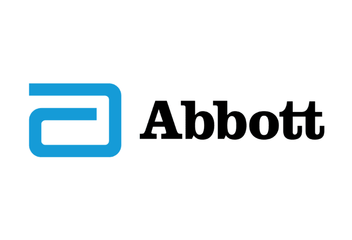 Abbott logo featuring a stylized blue "A" icon to the left of the word "Abbott" in bold black text on a white background.