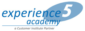 Logo with the words "experience5 academy" and "a Customer Institute Partner" in blue and gray text, with a large number 5 in a blue oval background.