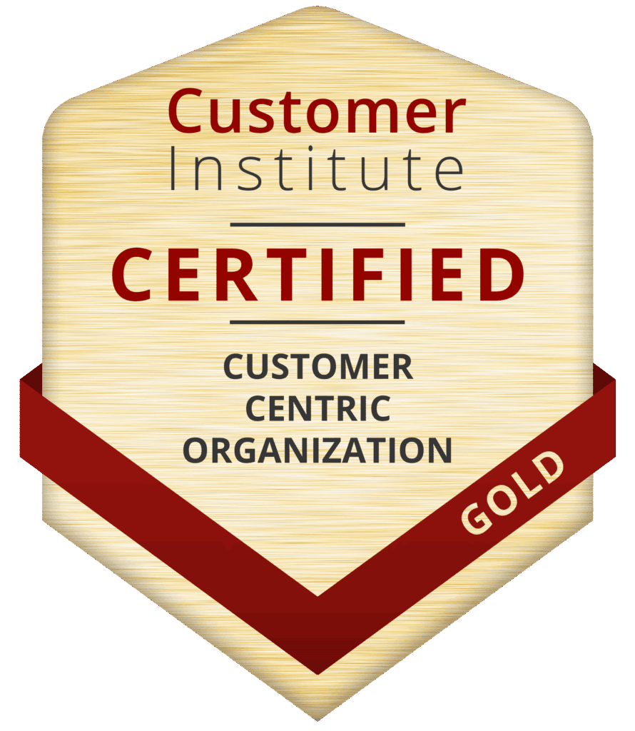 Gold badge displaying “Customer Institute Certified, Customer Centric Organization” with a red ribbon labeled “Gold” across the bottom right.