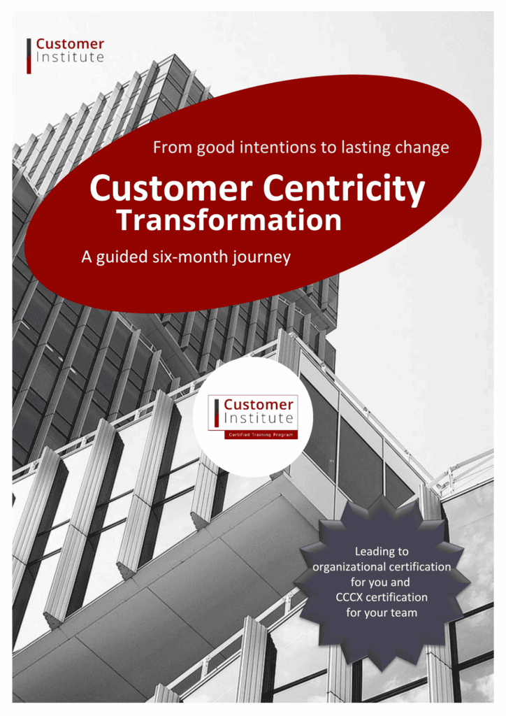 A modern office building with overlaid text promoting a six-month Customer Centricity Transformation program by Customer Institute, featuring certification information.